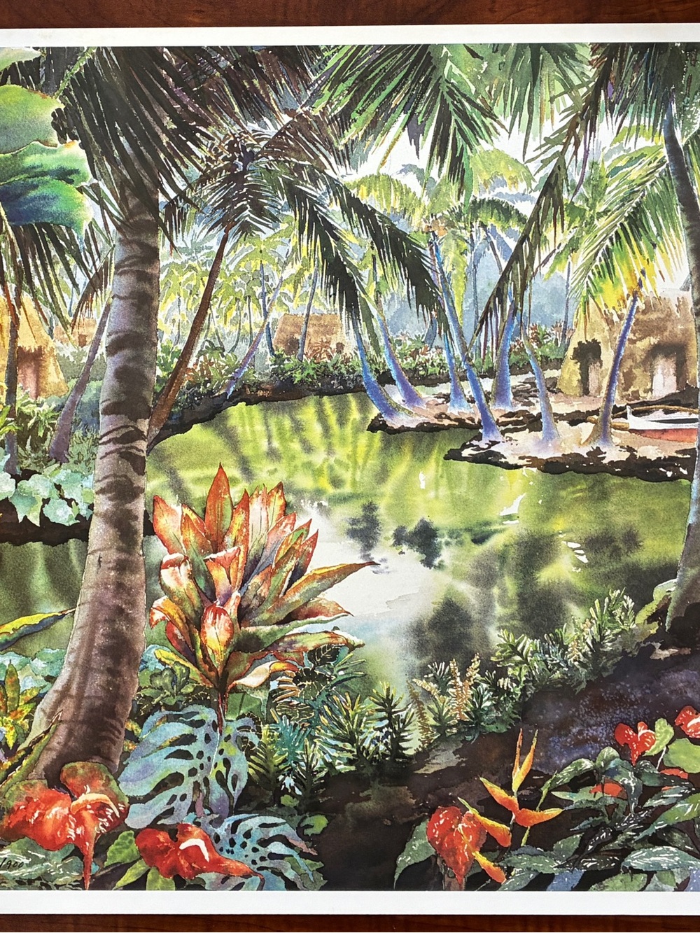 “LAGOON RETREAT” Tropical Palm Lagoon Art Print - Green & Brown Botanical Scene